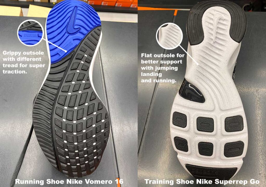 Outsole comparison between running and training shoes 